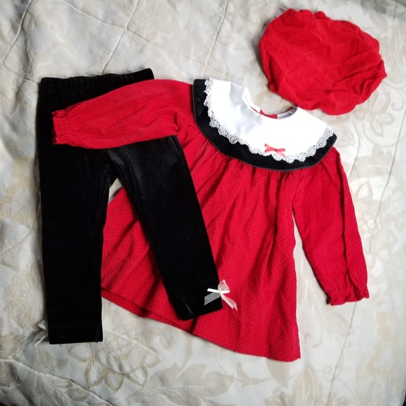 Vintage 3 piece festive red corduroy & black velour toddler girl outfit 18 mo - Picture 1 of 7
